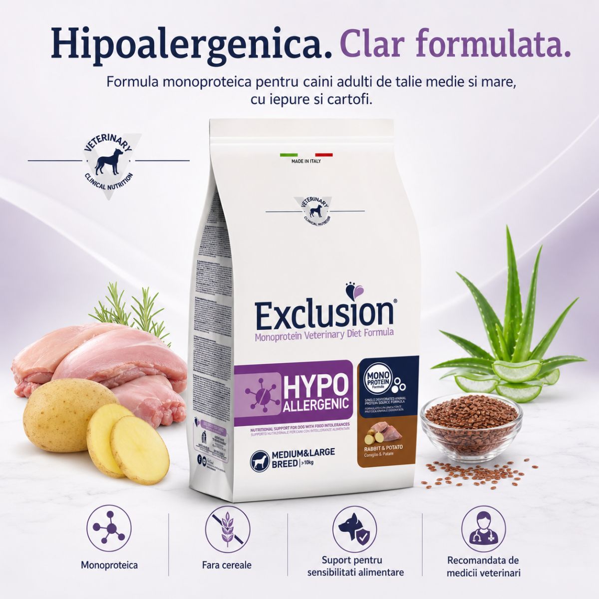 EXCLUSION Monoprotein VD Hypoallergenic Medium&Large, M-XL, Iepure și Cartofi, dietă veterinară, hrană uscată fără cereale câini, alergii, 12kg - imagine 4